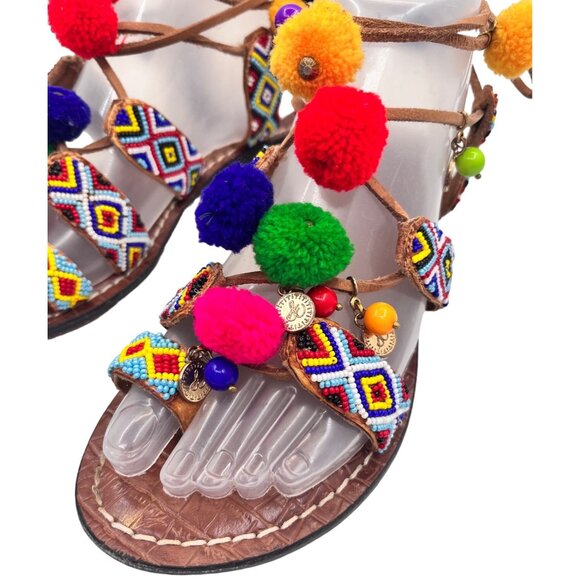 SIZE 7.5 Sam Edelman Lisabeth Beaded Charm Pom Boho Hippie Leather Sandals - Picture 2 of 12
